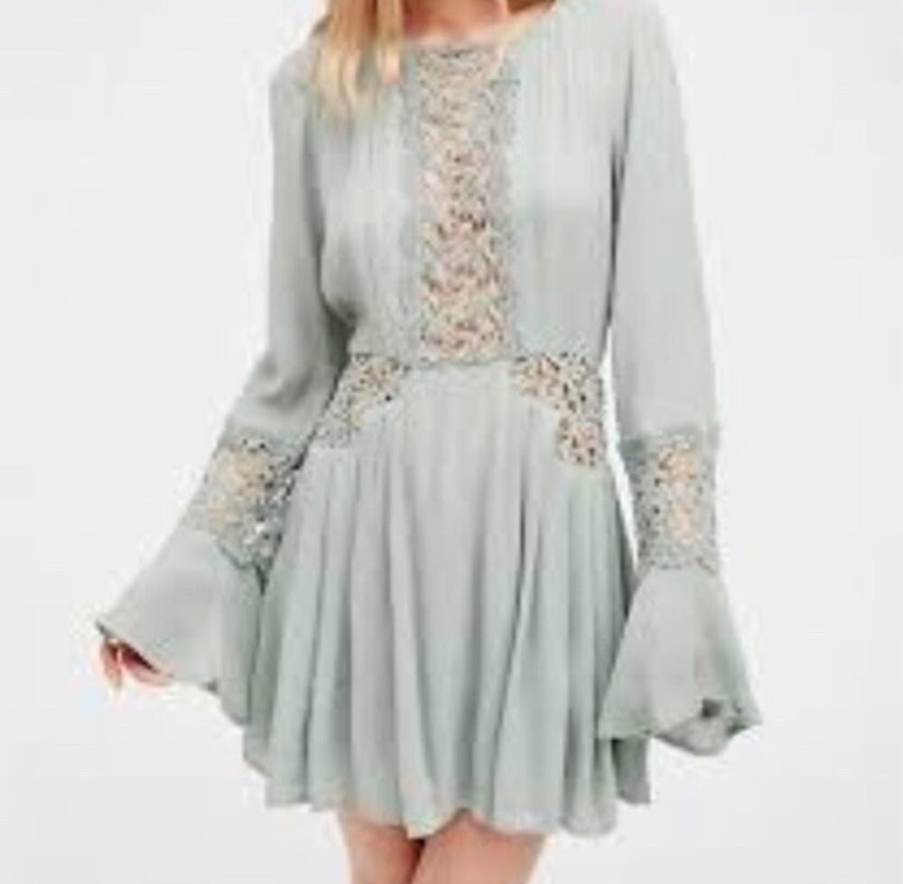 NWT Free People Sun-kissed Mini Dress Crochet Details Flared Sleeves Sz 8